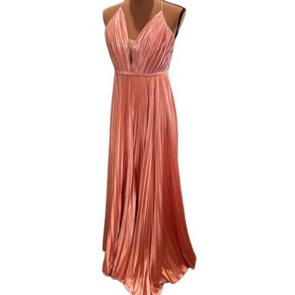 Ieena for Mac Duggal Rose Gold Plunge Neck Pleated Evening Gown – Size 0 – NWOT - Picture 4 of 12